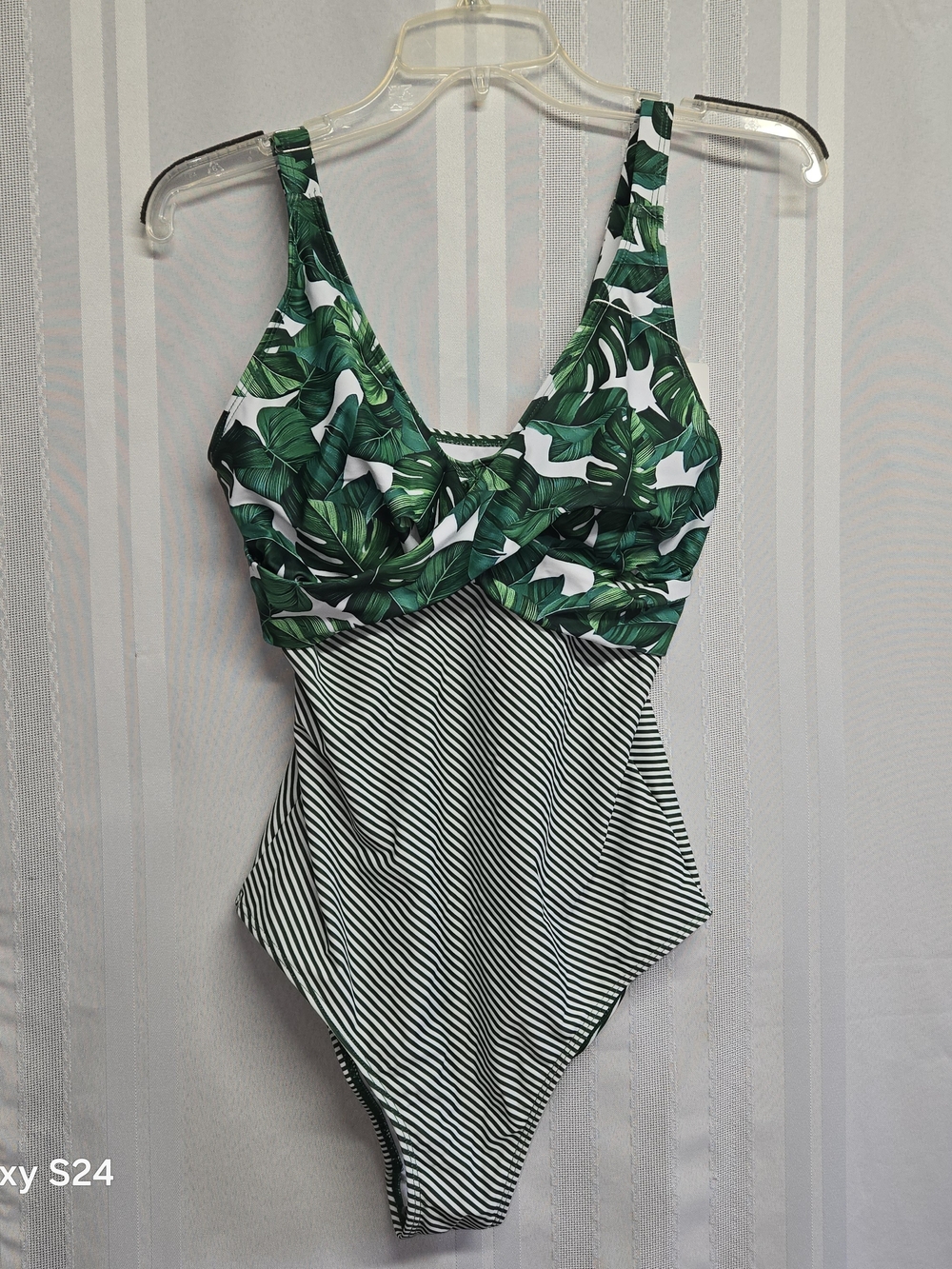 B2PRITY Green Leaf Print & Black-White Striped One-Piece Swimsuit SIZE M
